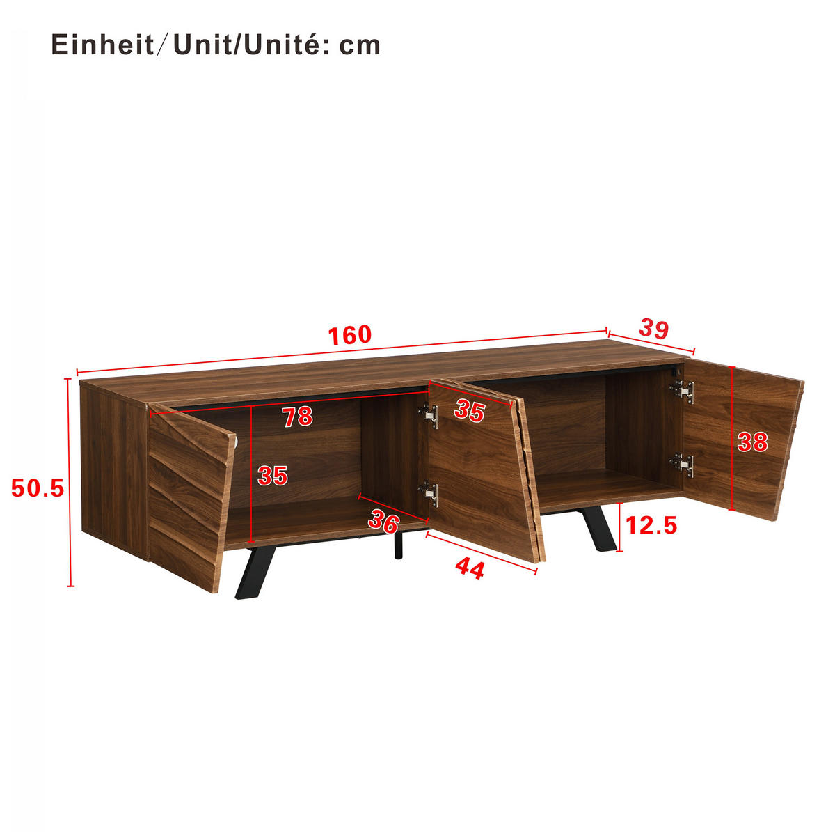 TV-SCHRANK in Walnuss-Look mit Wellenfront und Eisenbeinen 160/39/50.5 cm - Walnussfarben, Holzwerkstoff (160/50.5/39cm) - Redom