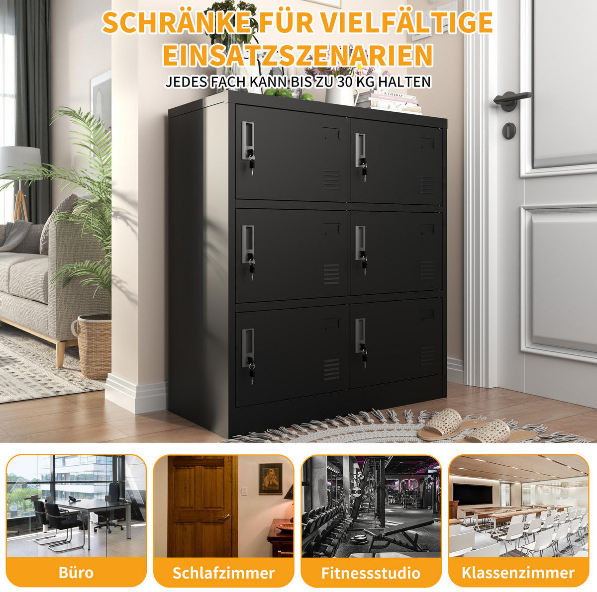 KOMMODE 90/40/100 cm aus Metall mit 6 abschließbaren Fächern Schwarz - Schwarz, Metall (40/100/90cm) - Modenvie