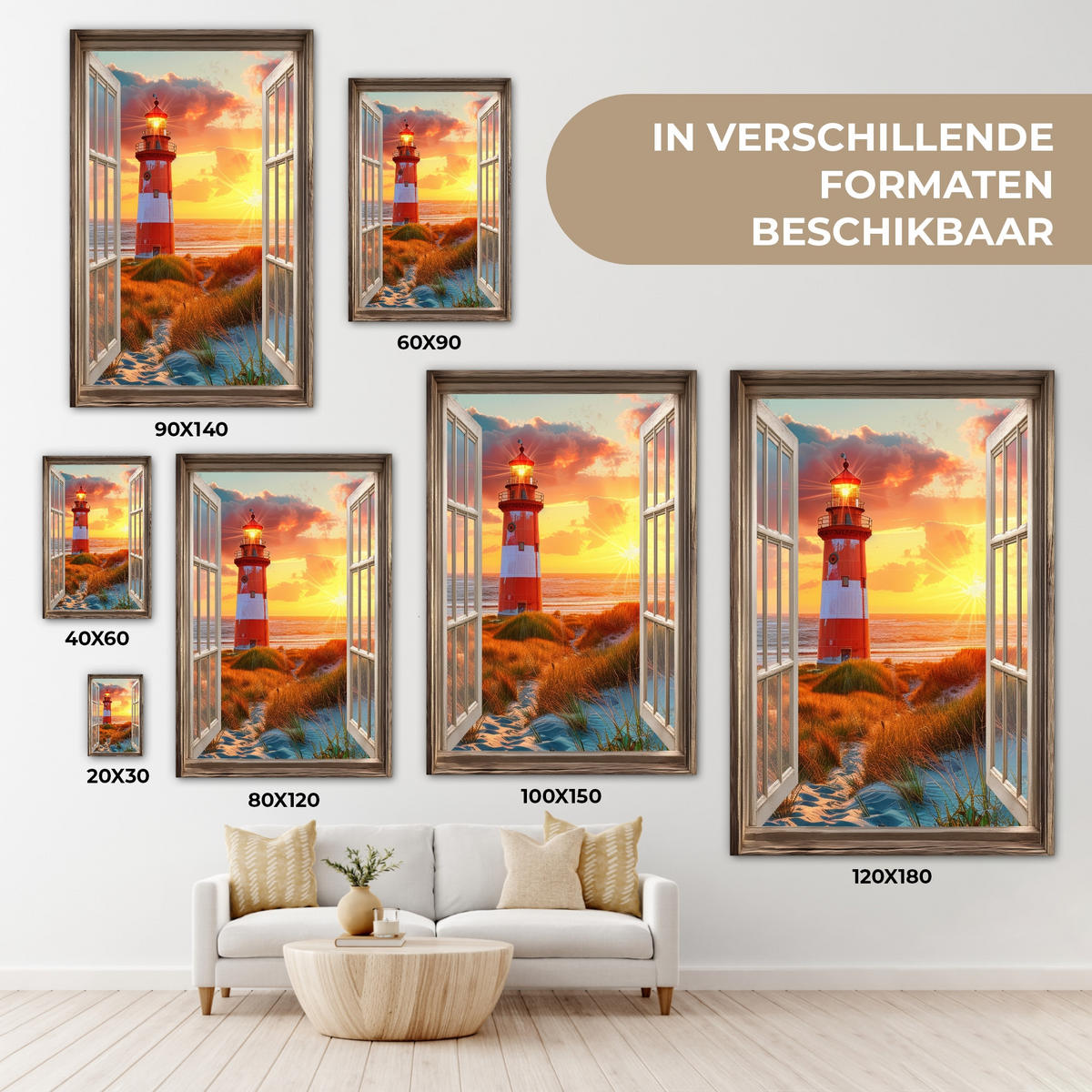 LEINWANDBILD Aussicht - Fenster - Leuchtturm - Sonnenuntergang - Strand 60x90 cm - Dunkelorange, Textil (60/90cm) - MuchoWow