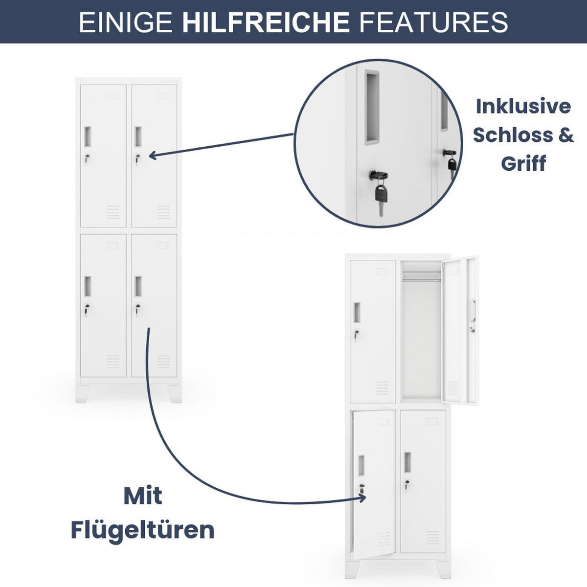 UMKLEIDESCHRANK Spind BERLIN 4 Abteile 172x55,9x45cm Weiß - Weiß, Metall (55.9/172/45cm) - DELUKE