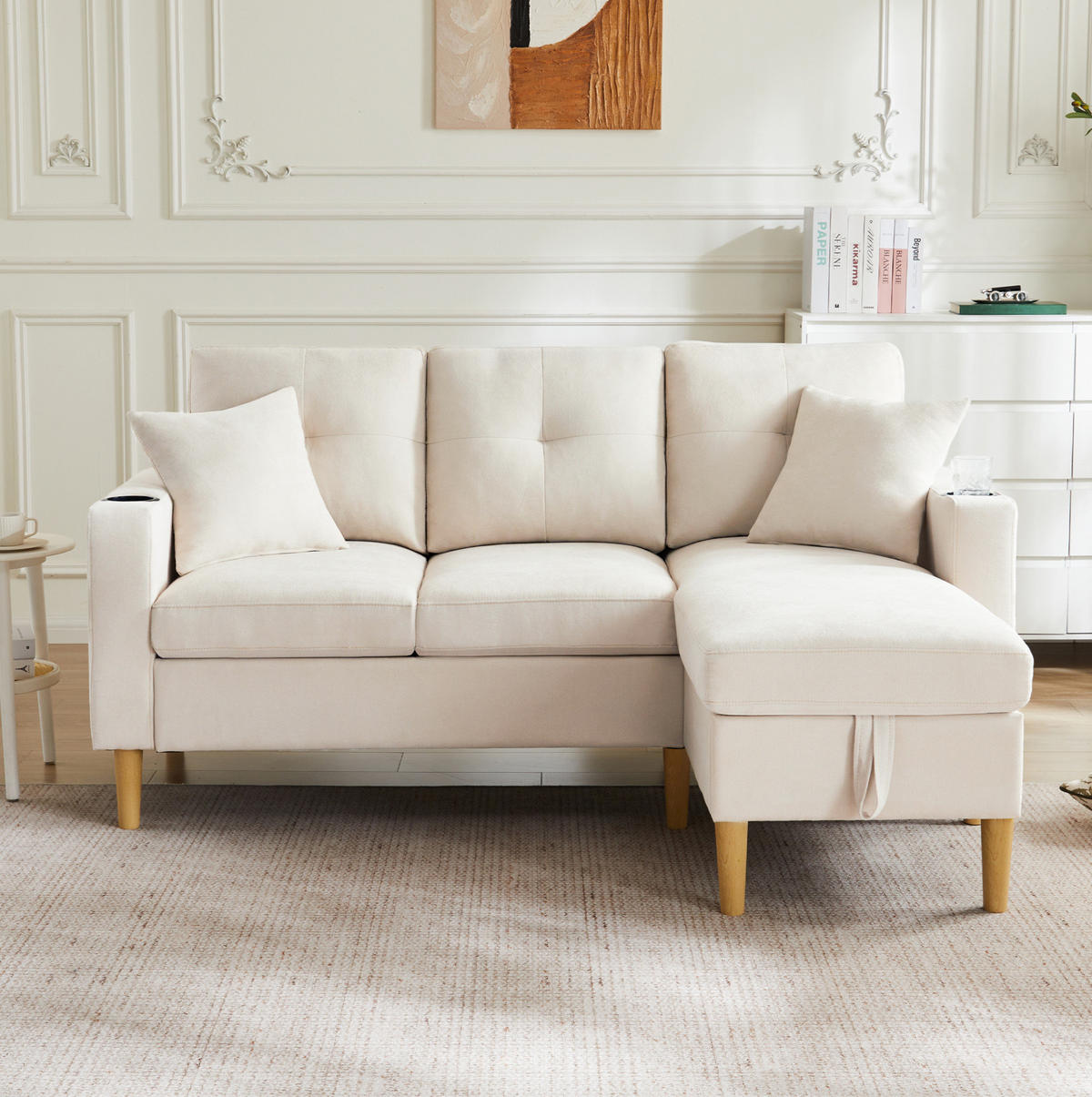 ECKSOFA 175/129/90 cm Beige aus Baumwoll-Leinen mit Stauraum - Beige, Textil (129/175cm) - OKWISH