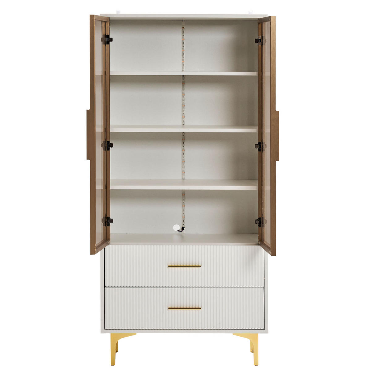 HIGHBOARD 70/35/150 cm in Weiß mit LED-Beleuchtung und 2 Schubladen - Weiß, Holzwerkstoff (70/150/35cm) - Flora Grace