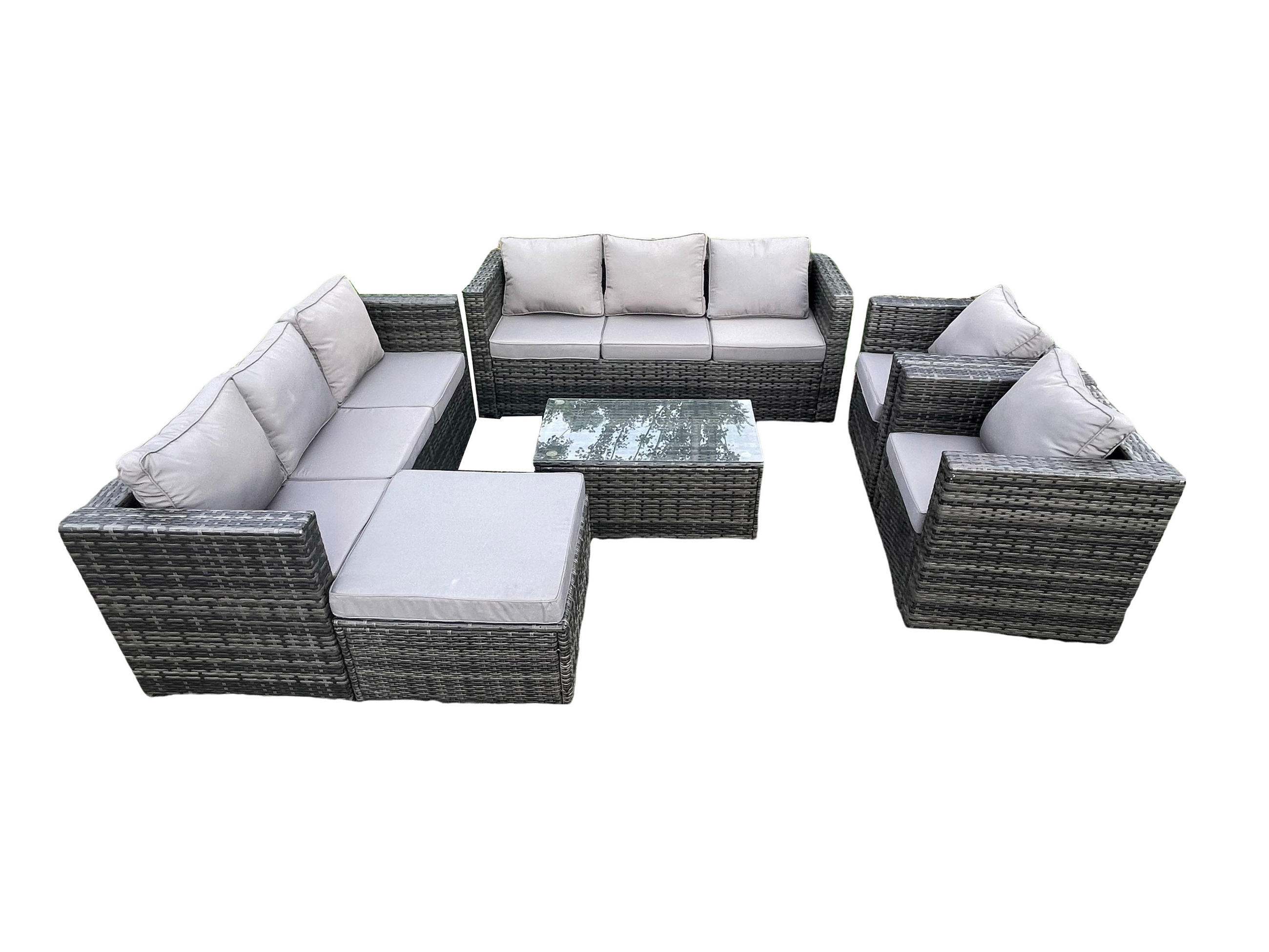 GARTENSET mit Beistelltisch Polyrattan 9-Sitzer - Dunkelgrau, Metall - Fimous
