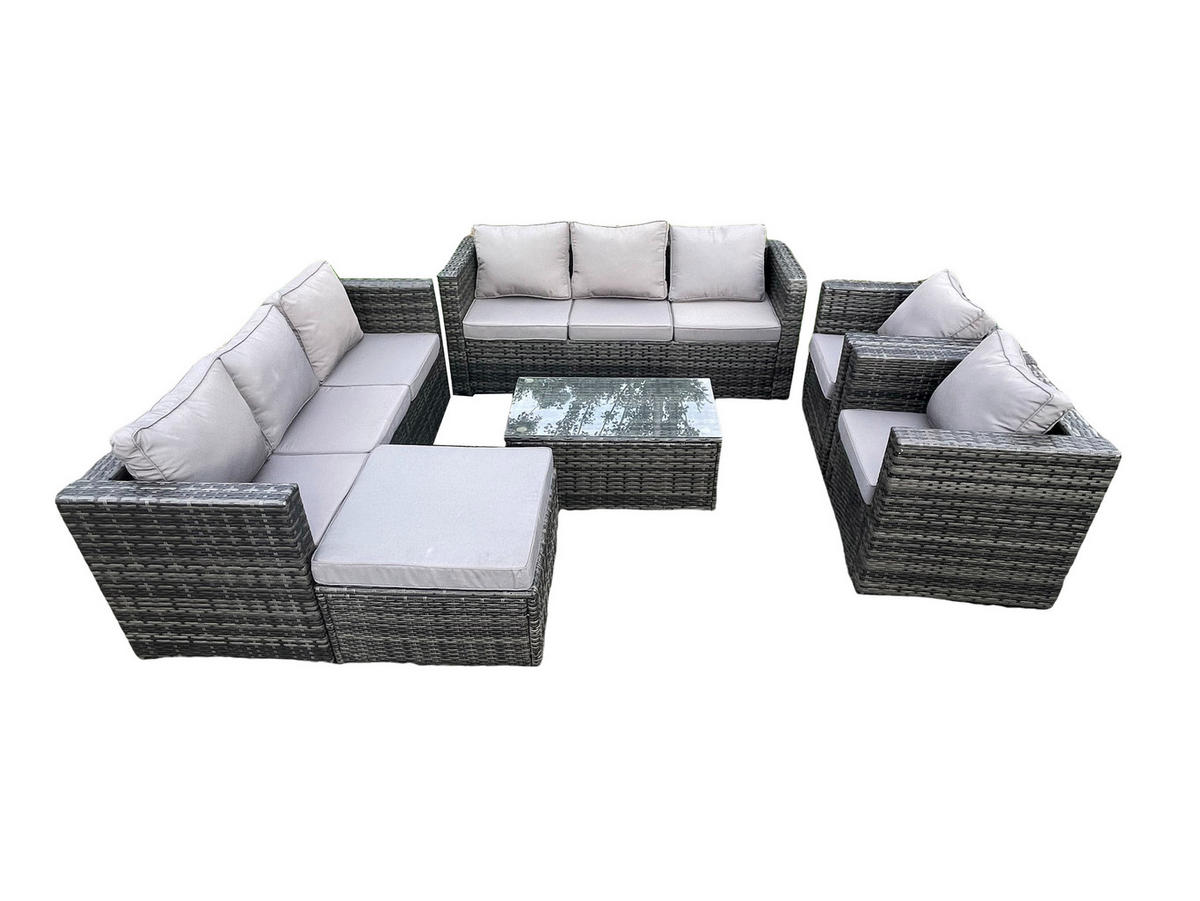 GARTENSET mit Beistelltisch Polyrattan 9-Sitzer - Dunkelgrau, Metall - Fimous
