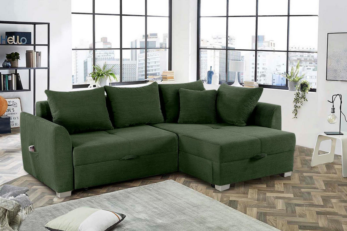 ECKSOFA mit Schlaffunktion und Bettkasten, seitenverkehrt montierbar B236/T160/H81 cm, Liegefl. 142x202 cm, Cord Grün / 15207 - Chromfarben/Grün, Kunststoff/Textil (236/160cm) - luma-home