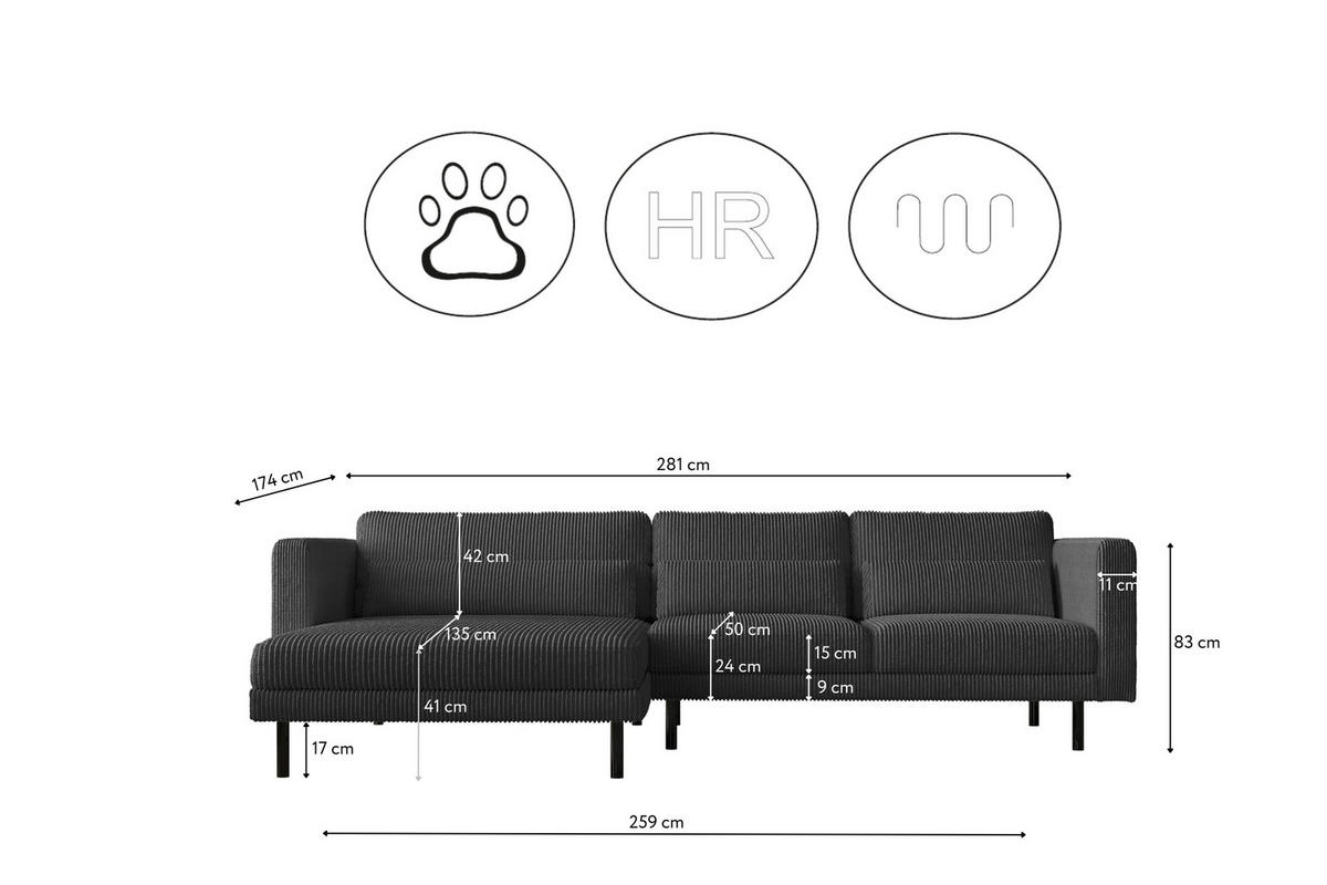 ECKSOFA L-form Dani Stoff Poso Graphit Links - Graphitfarben, Holz (281/174cm) - Kaiser Möbel