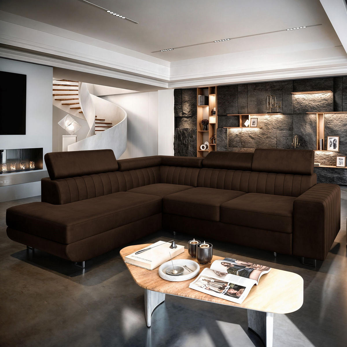 ECKSOFA NOLA L-S Braun Velours-Stoff mit Schlaffunktion - Braun, Holz (253/190cm) - MASSENO