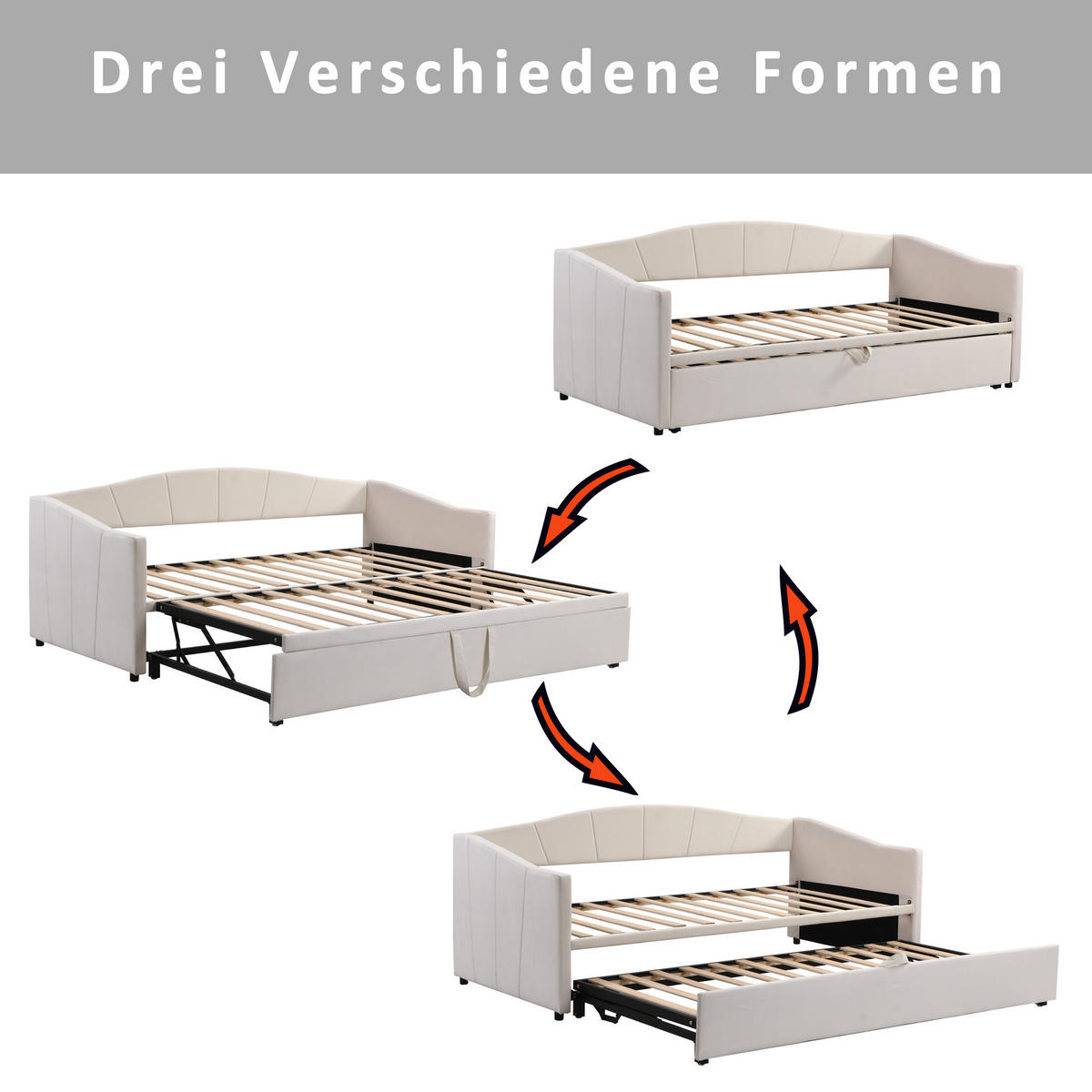 AUSZIEHBETT 90/180/200 cm DE-01743, in Beige, mit Lattenrost - Beige, Holz (90/200cm) - ComfortXL