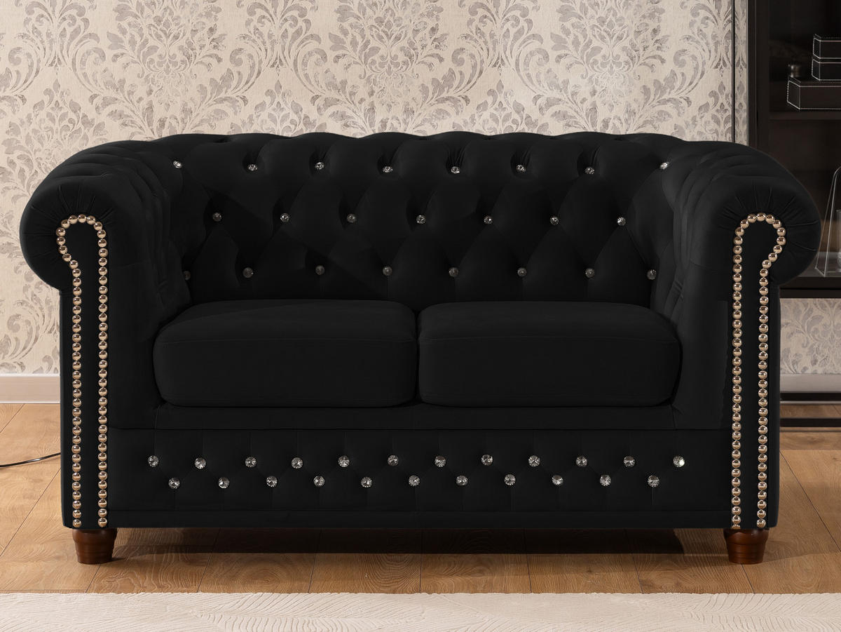 CHESTERFIELD-SOFA 2-sitzer Cleo Blink Schwarz Samt mit Kristallsteppung und braunen Massivholzfüßen - Schwarz/Braun, Holz/Textil (148/72/86cm) - S-Style Möbel