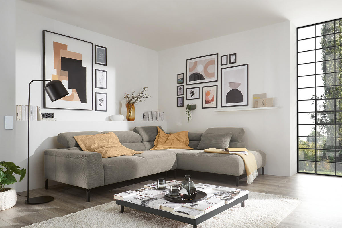 ECKSOFA DELIA Grau Cord - Schwarz/Grau, Textil/Metall (276/219cm) - KAWOLA