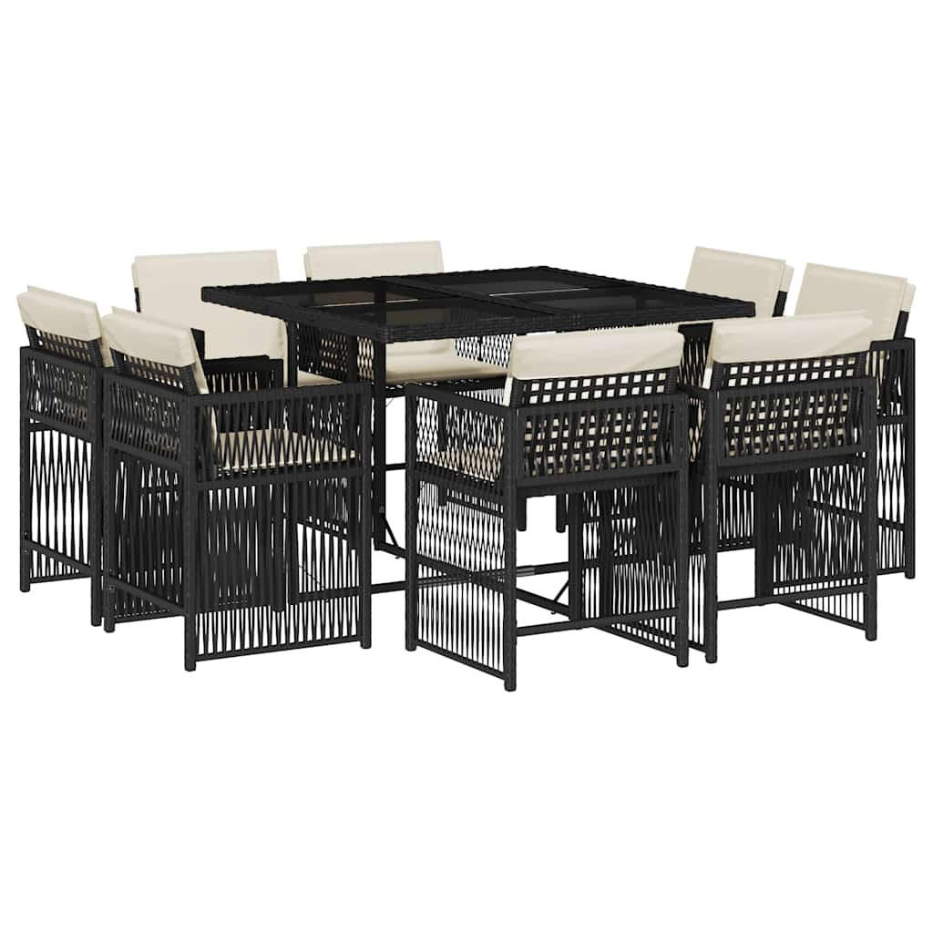 GARTEN-ESSGRUPPE 9-TLG.Mit Kissen Schwarz Poly Rattan - Creme/Schwarz, Kunststoff - vidaXL