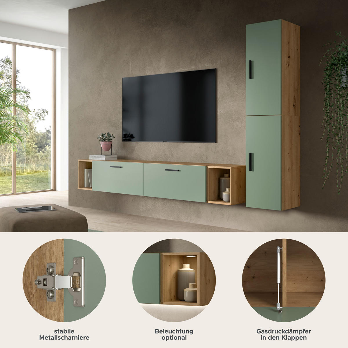 WOHNKOMBINATION THE ONE (B/H/T: ca. 259/182/34 cm) in Artisan Oak Nachbildung/Smoke Green - Eiche Artisan, Holzwerkstoff (259/182/34cm)