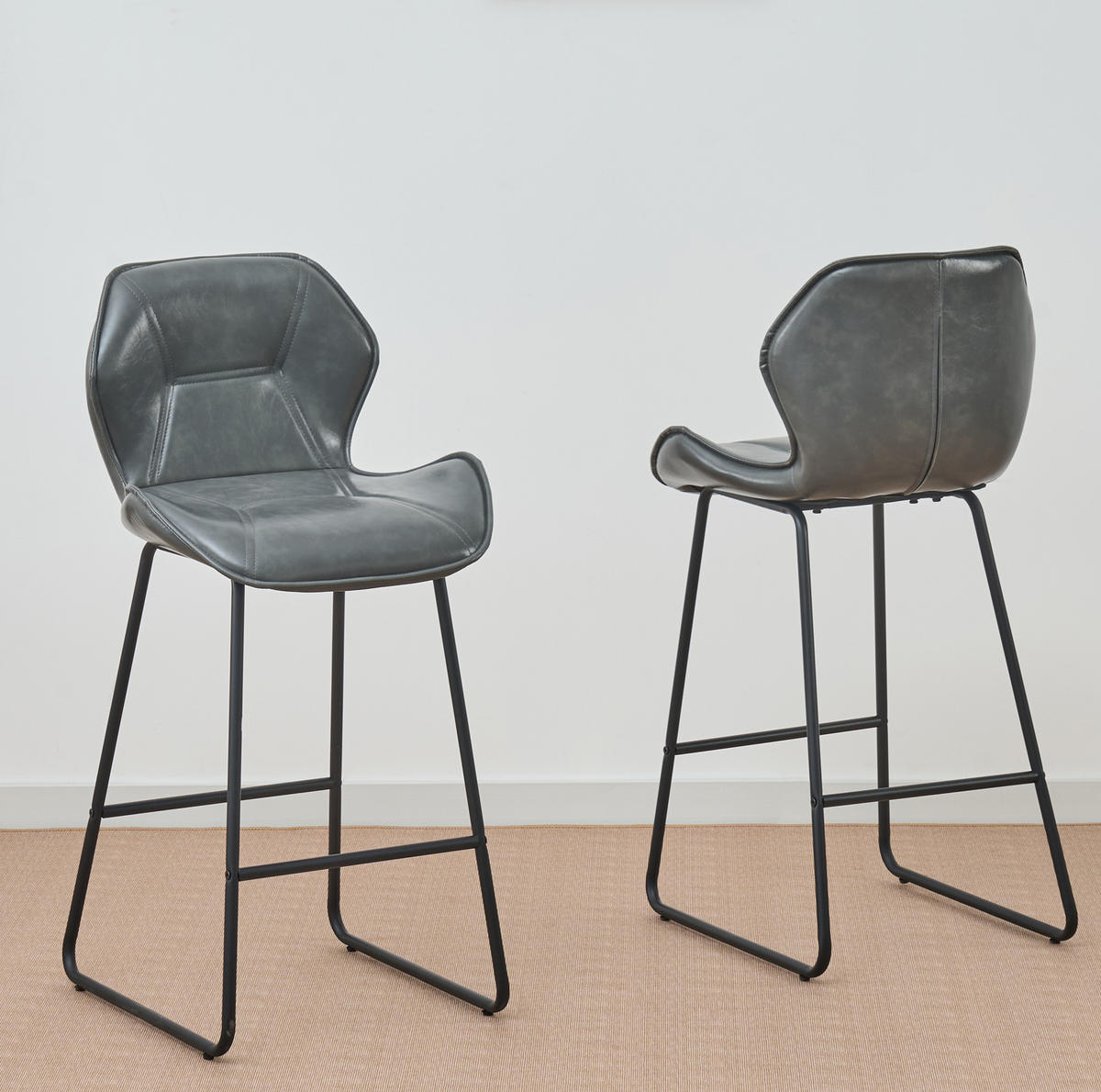 BARHOCKER 2er-Set Grau mit Kunstlederbezug und Fußstütze - Grau, Metall (47/91.5/48.5cm) - MIVRAY