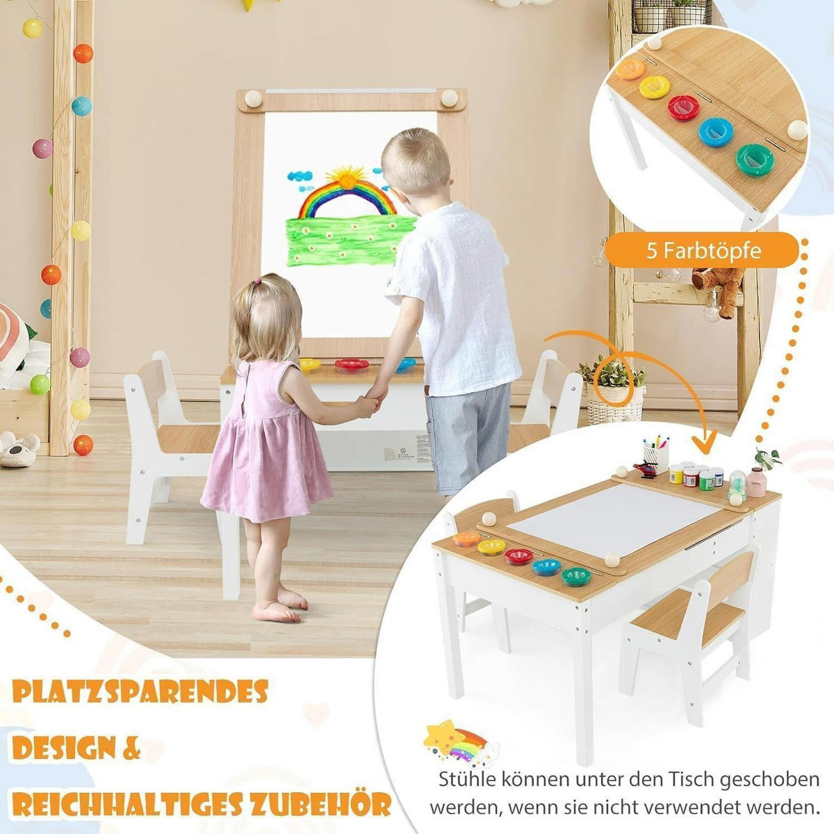 KINDERTISCH mit 2 Stühlen 3-teiliges Set Natur mit 2 Ablagen - Multicolor, Holzwerkstoff (60/55/109cm)