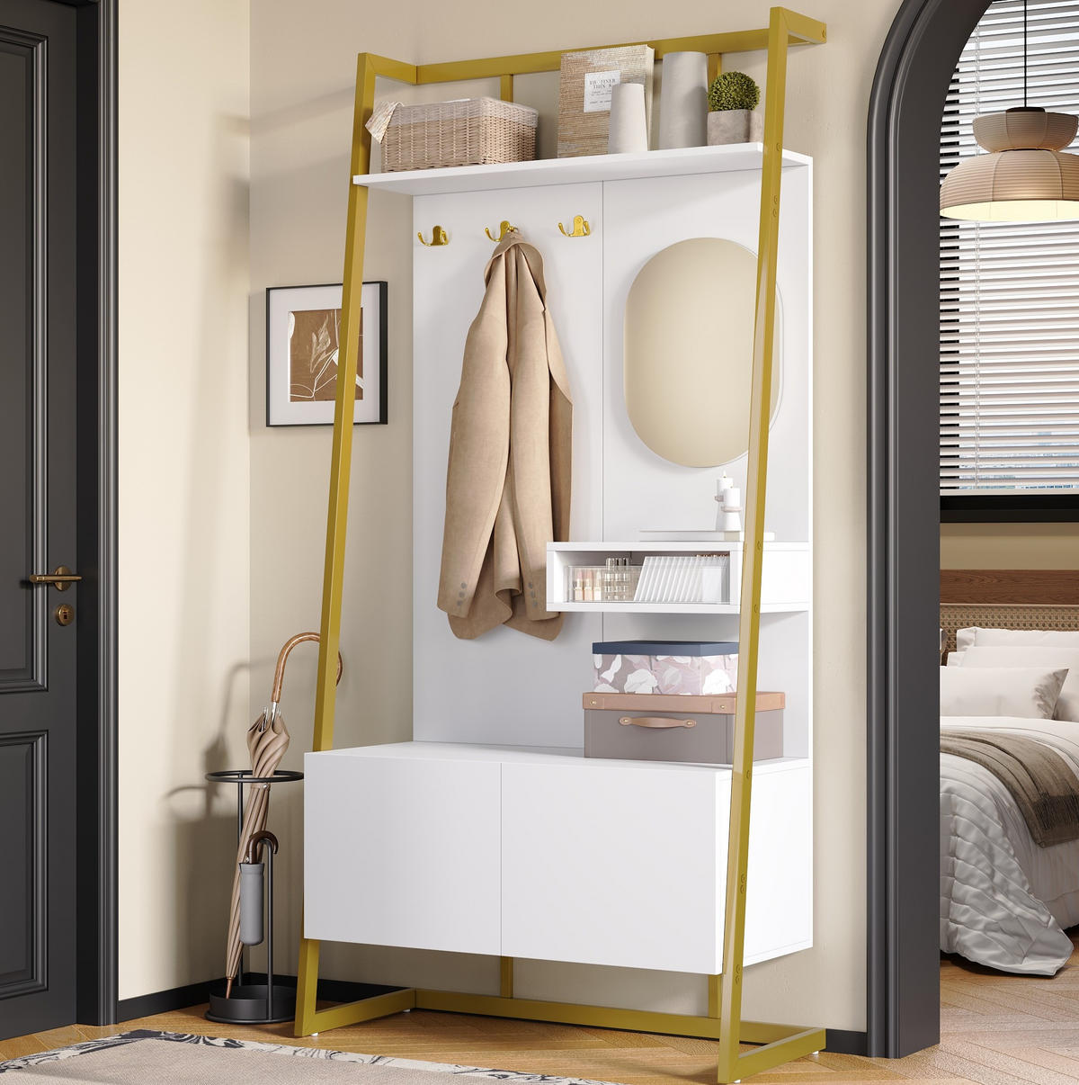 KOMPAKTGARDEROBE 78/38,5/180,5 cm aus Holzwerkstoff und Metall mit Spiegel und Schuhschrank Weiß - Weiß, Holzwerkstoff (38.5/180.5/78cm) - Modenvie
