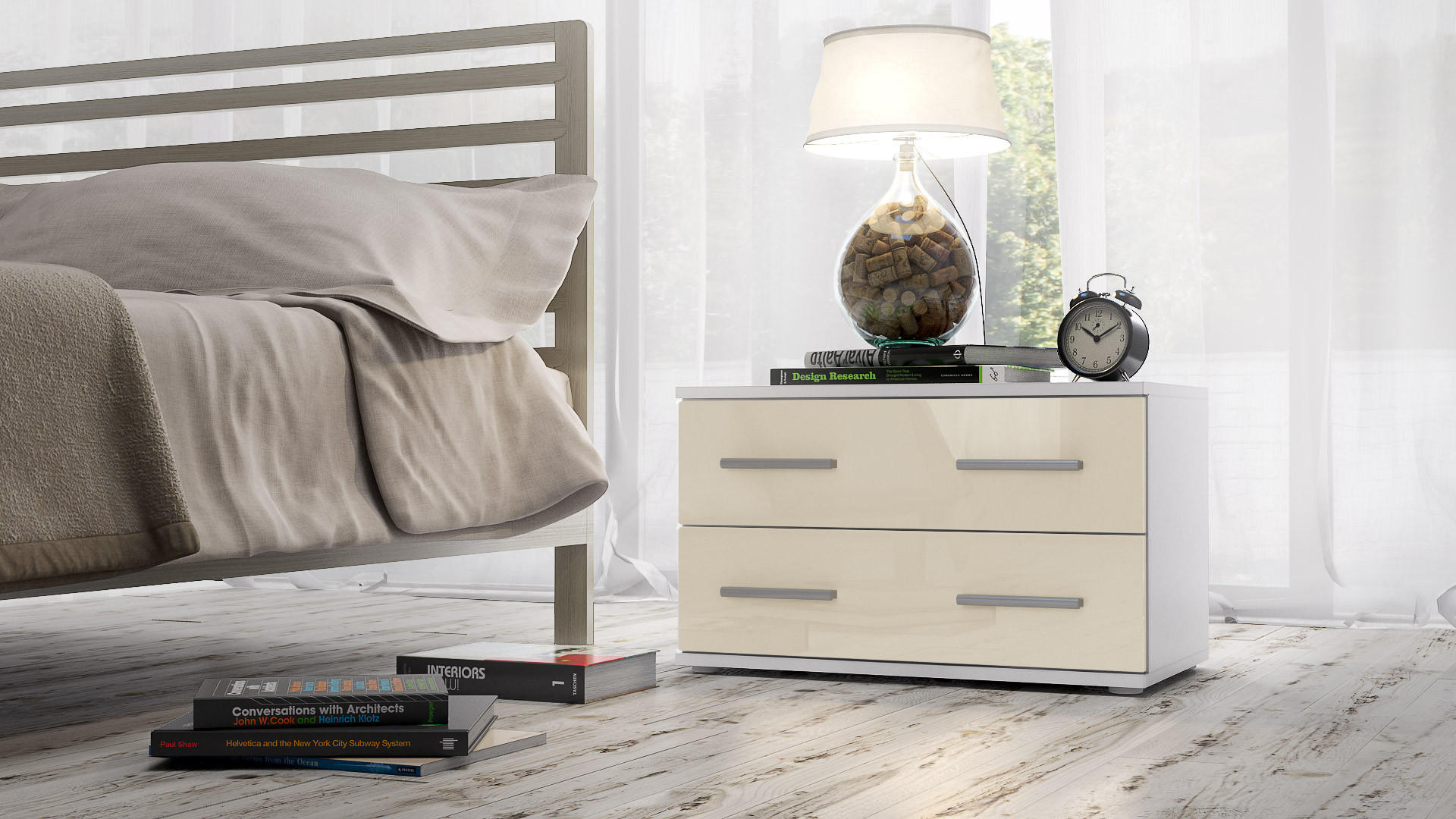 NACHTTISCH Kioto Front in Creme Hochglanz - Creme, Holzwerkstoff (60/35/35cm) - Vladon