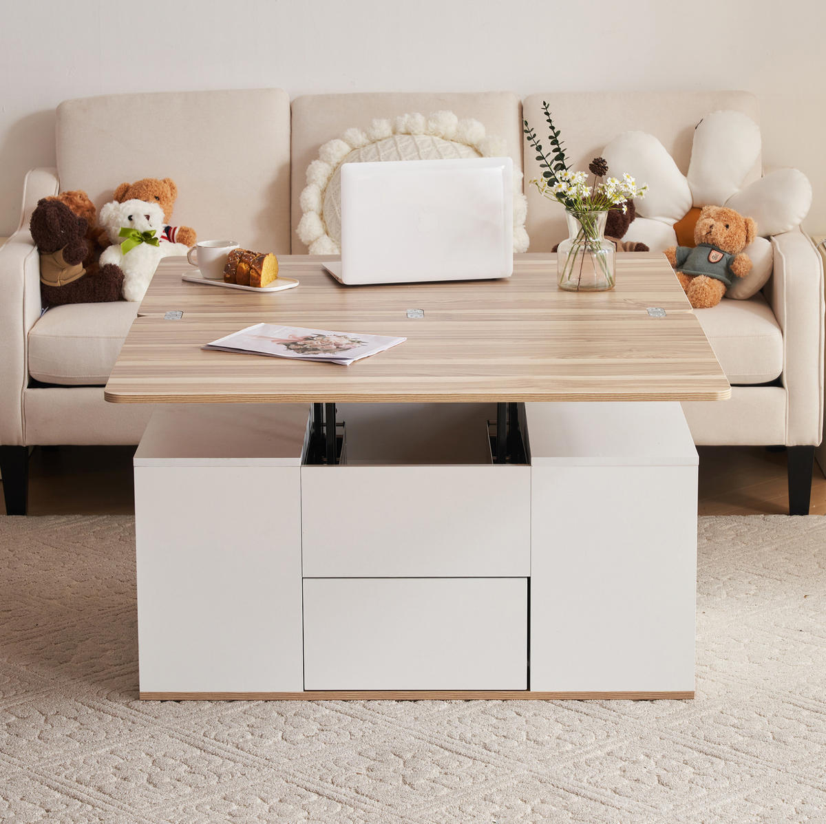 COUCHTISCH aus Spanplatte 100x51x47 cm Weiß höhenverstellbar mit Schubladen - Weiß, Holzwerkstoff (100/51/47cm) - IVMEU