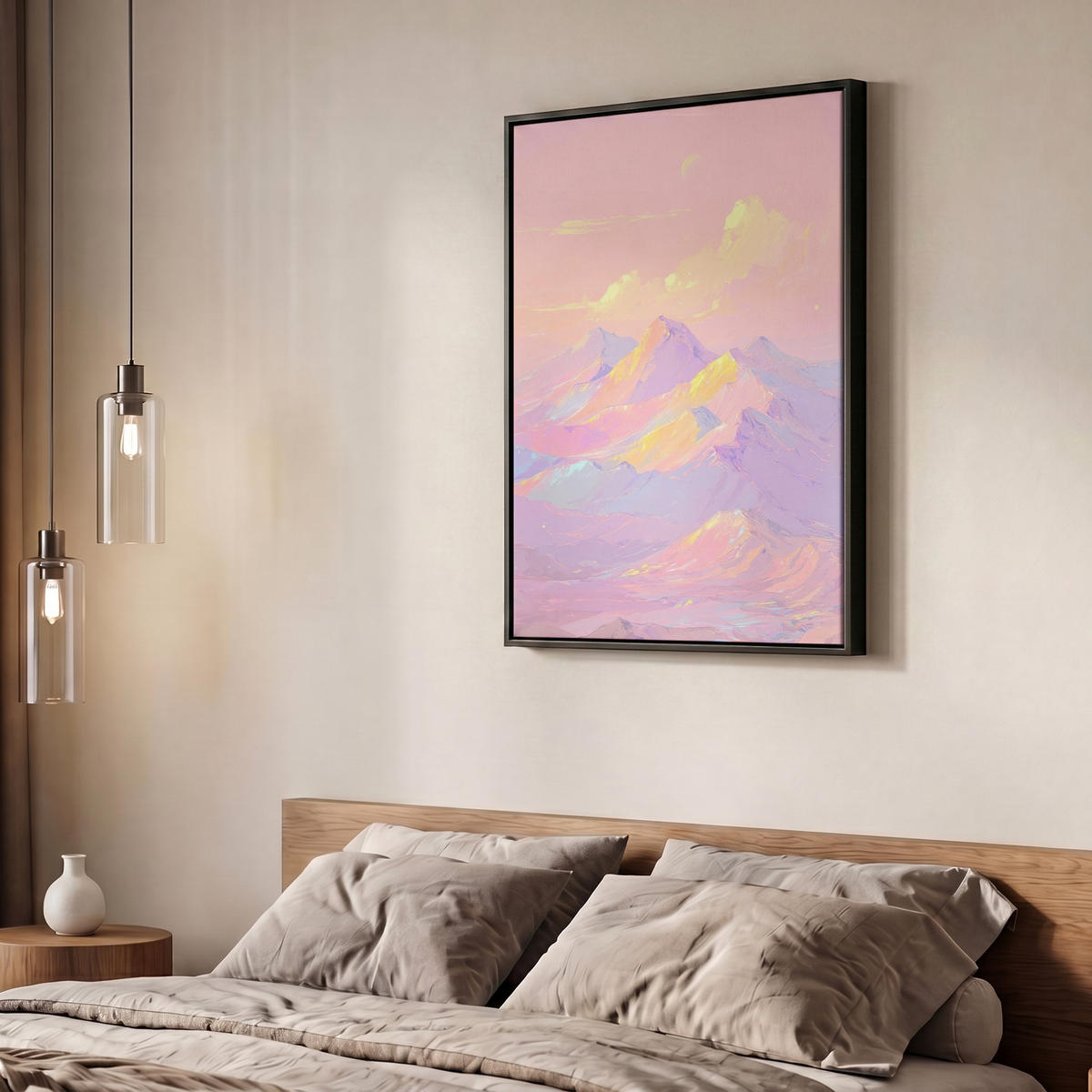 LEINWAND Bilder mit Rahmen - Berggipfel - Wolken - Verträumt - 60x80 - Hellrosa, Textil (60/80cm) - MuchoWow