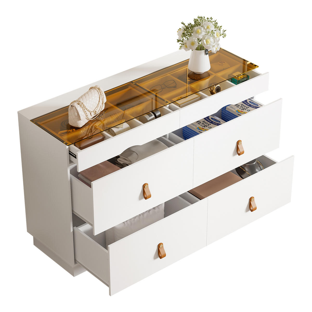 SIDEBOARD aus Glas und Spanplatte 120x40x78 cm Weiß mit 6 Schubladen, Facheinteilung und Kippsicherung - Weiß, Glas (120/78/40cm) - Modfu