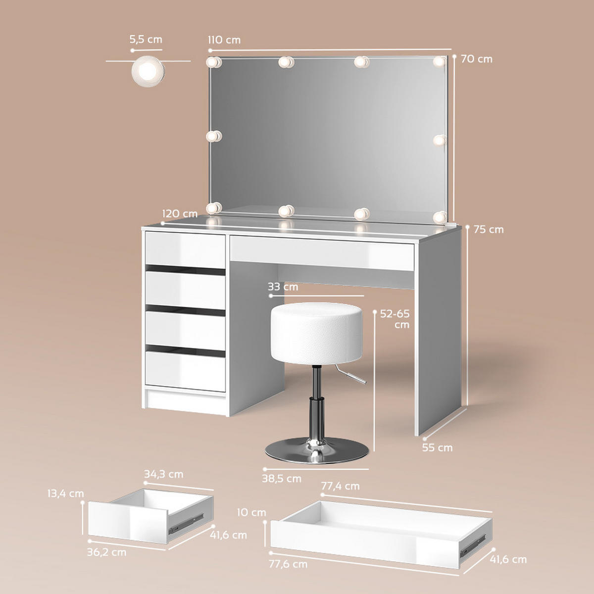 SCHMINKTISCH Imola Weiß mit LED Beleuchtung und Hocker - Weiß, Holzwerkstoff (120/75/55cm) - Livinity®