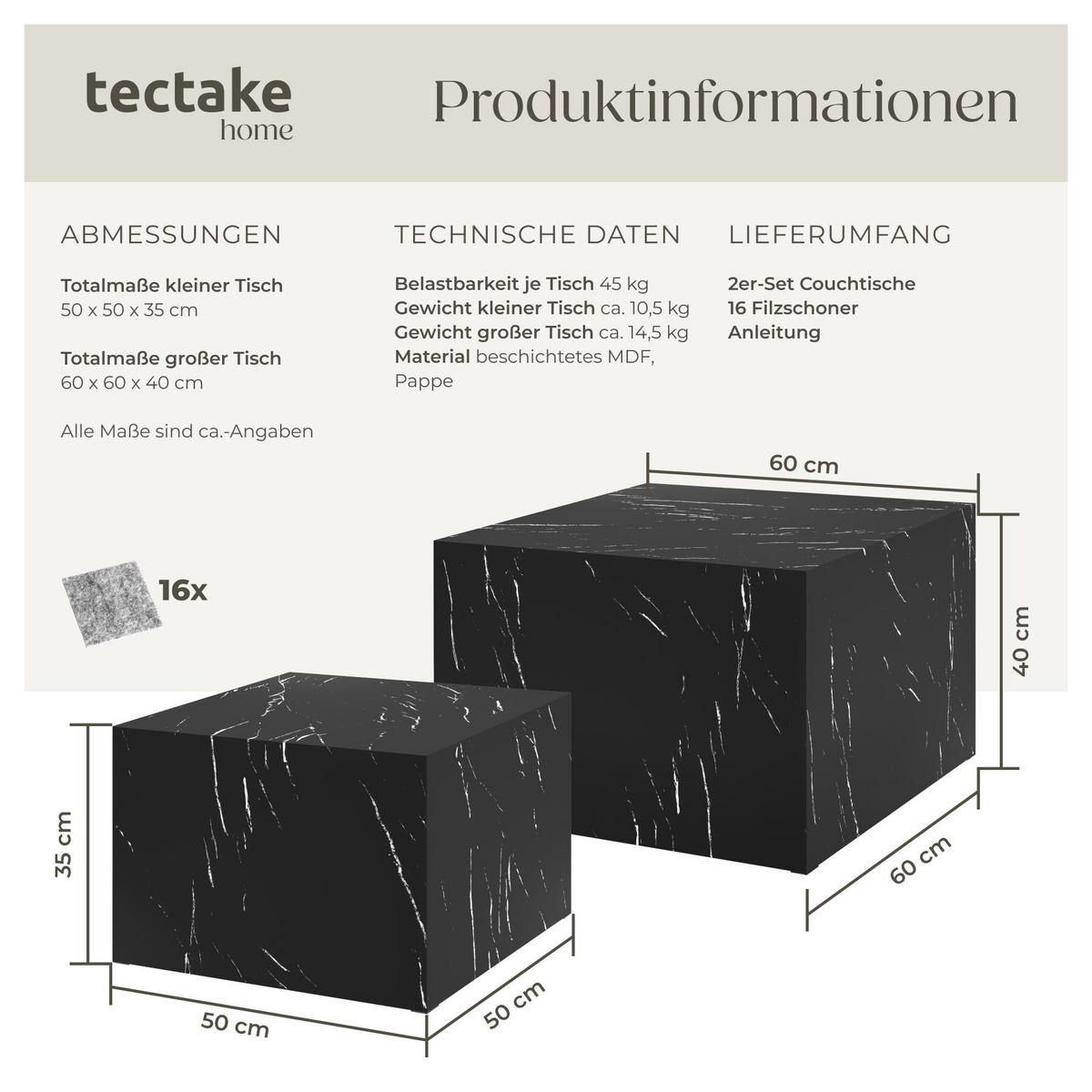 COUCHTISCH 2er Set Lacey, inkl. Filzschoner, Belastbarkeit 45 kg, Marmor Optik schwarz - Schwarz, Holz (60/60/40cm) - tectake