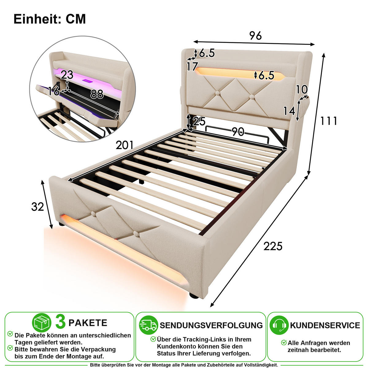 ČALOUNĚNÁ POSTEL 90/200 cm v béžové barvě s úložným prostorem, LED a USB-C - béžová, kov/kompozitní dřevo (90/200cm) - CHICFURN