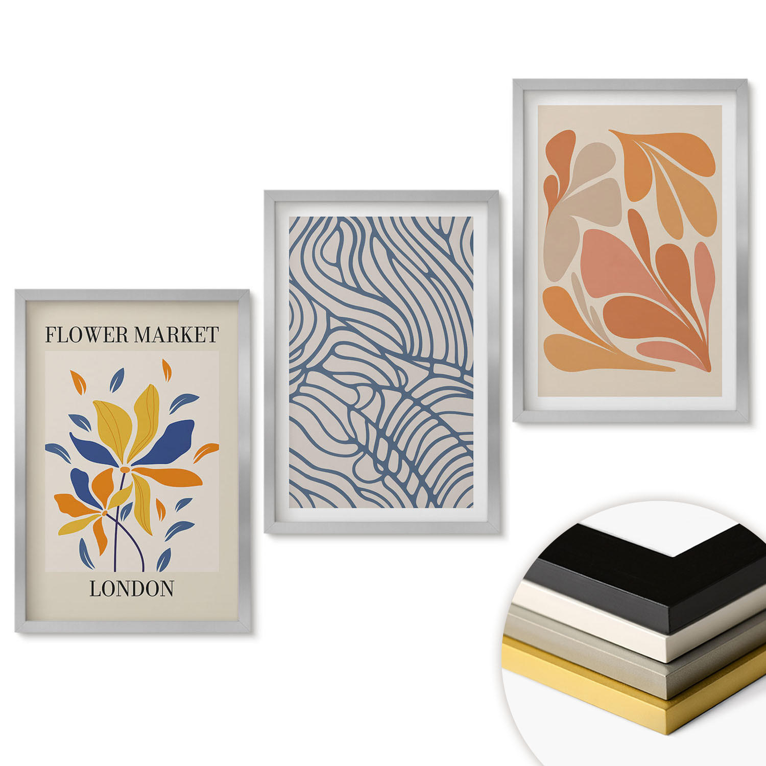 WANDBILDER 3er Set - 40x60 cm Silberner Rahmen - Moderne abstrakte Blumen - Silberfarben, Kunststoff (40/60cm) - ArtPrintCave