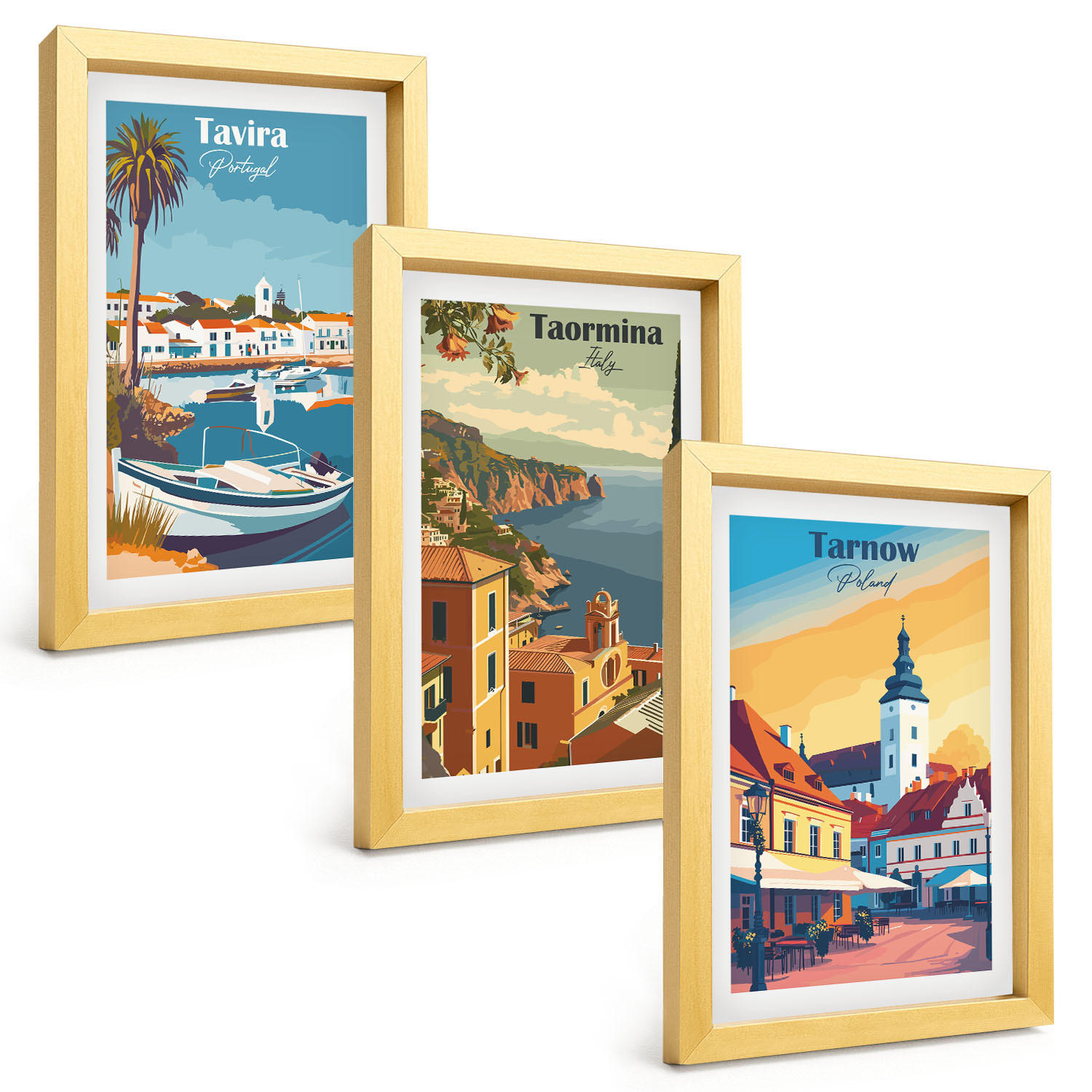 BILDER SET 3er Set - 20x30 cm Goldrahmen - Ansichten von Küstenstädten - Goldfarben, Kunststoff (20/30cm) - TULUP