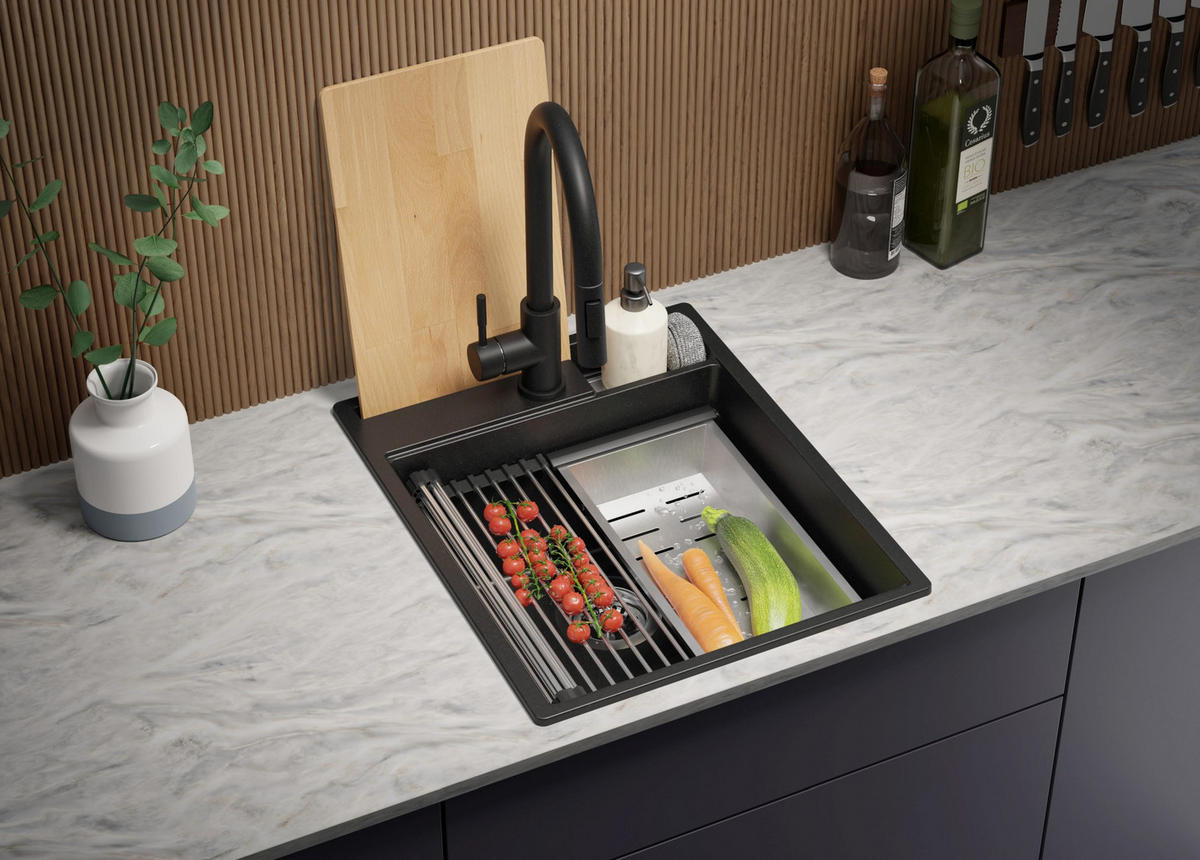 GRANITSPÜLE Oslo Pocket, 2-er set Alles Schwarz 43/53 cm 1 Becken + Küchenarmatur 40/38 cm + Ablauf-Set + Küchenzubehörset ab 45er Unterschrank - Schwarz, Kunststoff (43/20/53cm) - Primagran