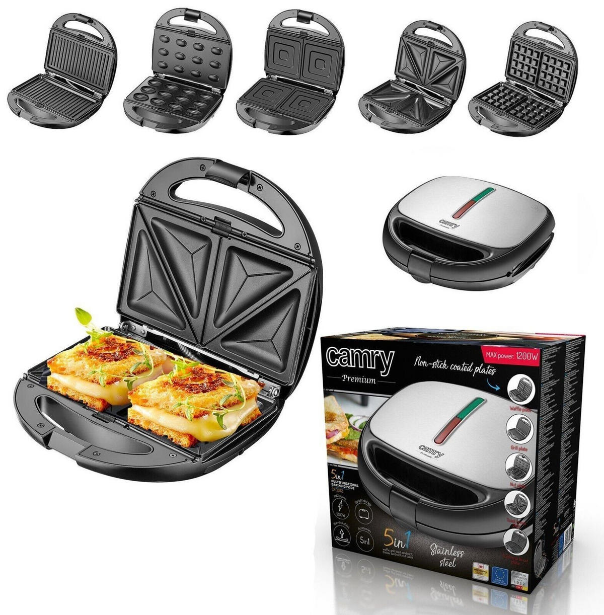 SANDWICHMAKER AD3040 Schwarz 5in1 1200W - Schwarz, Kunststoff (25/10/23cm) - Adler