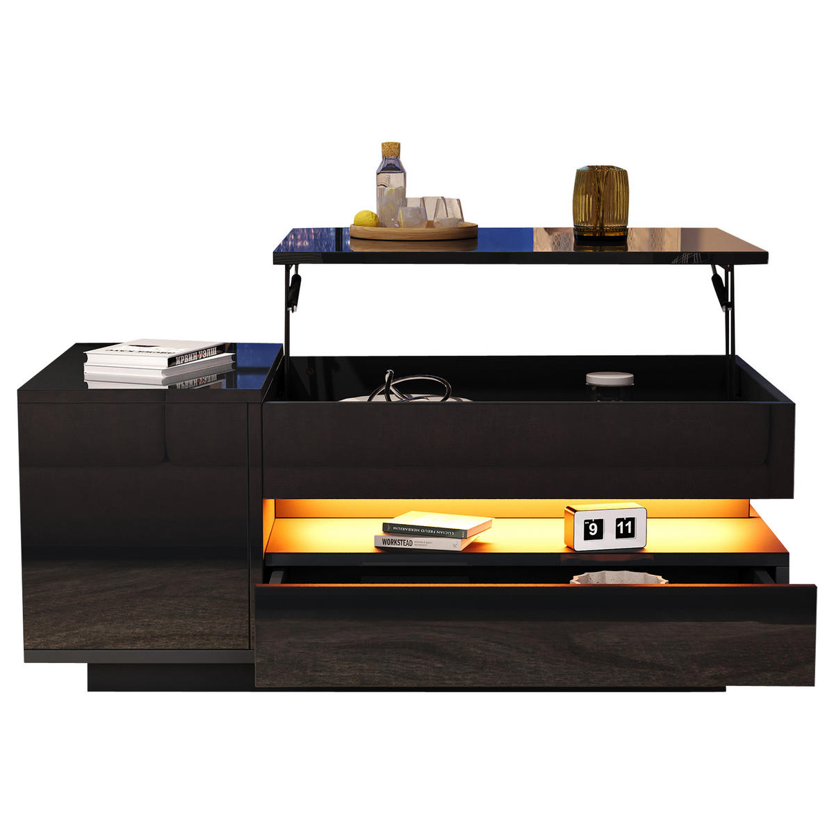 COUCHTISCH 95/50/40 cm Schwarz aus Holzwerkstoff mit Hubfunktion und RGB-LED per App - Schwarz, Holzwerkstoff (95/50/40cm) - OKWISH