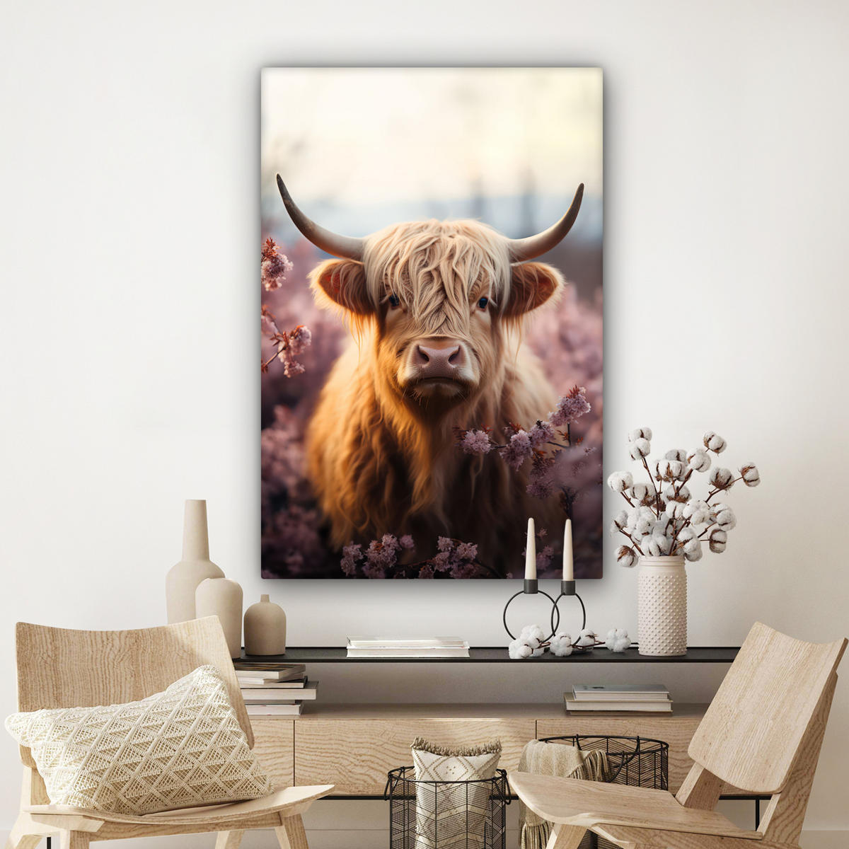 LEINWANDBILD - Schottischer Hochländer - Frühling - Hochland - 80x120 - Wanddeko - Hellrosa, Textil (80/120cm) - MuchoWow