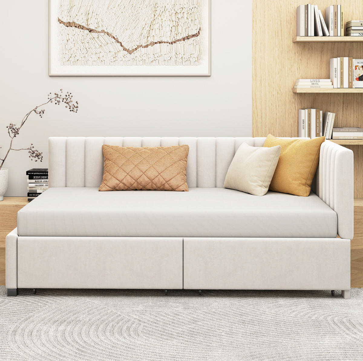 POLSTERBETT 90/200 cm mit 2 Stauraumschubladen, Lattenrost und Samtbezug, Beige - Beige, Leder (90/200cm) - Redom