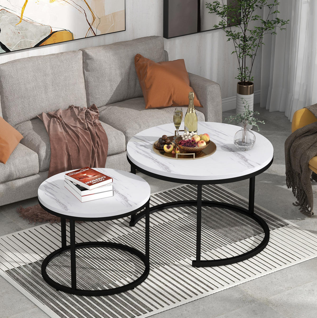 SADA konferenčních stolků 71/71/50 cm bílý mramor z MDF stohovatelná - bílá, kompozitní dřevo (70.5/70.5/50cm) - OKWISH