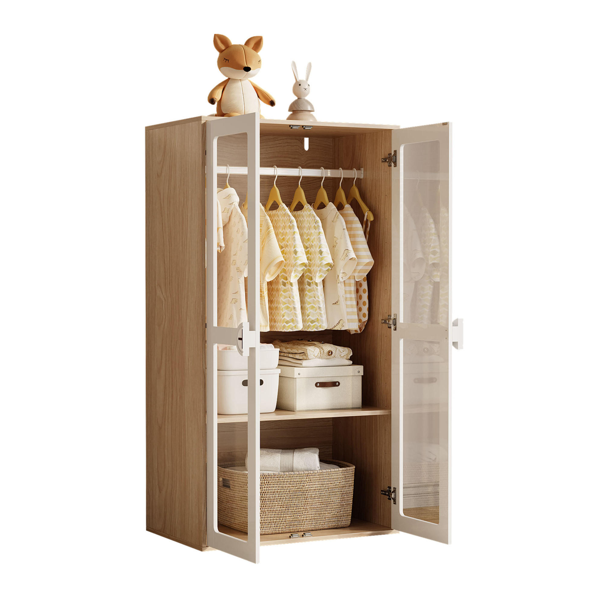 DJEČJI garderobni ormar 160/50/150 cm bijeli i prirodni od MDF-a s akrilnim vratima i šipkom - prirodne boje, drvni materijal (160/150/50cm) - OKWISH