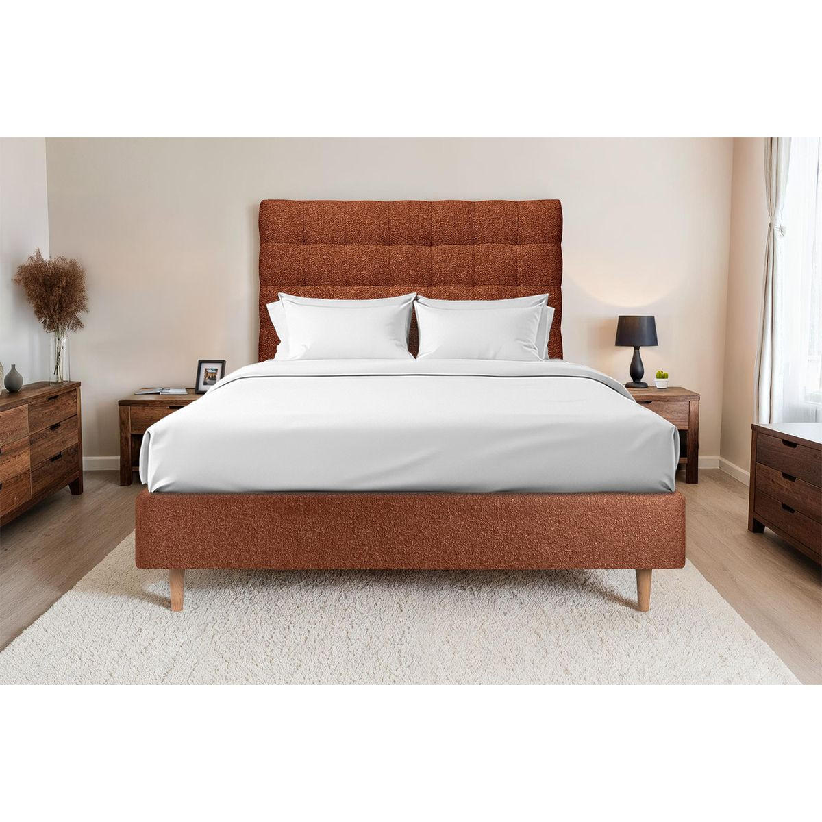 KOPFTEIL gepolstert - Gesteppt – Terrakotta-Bouclé-Stoff - 160 cm - Beige/Terracotta, Karton/Holz (160/120/10cm) - Sommeil de Plomb