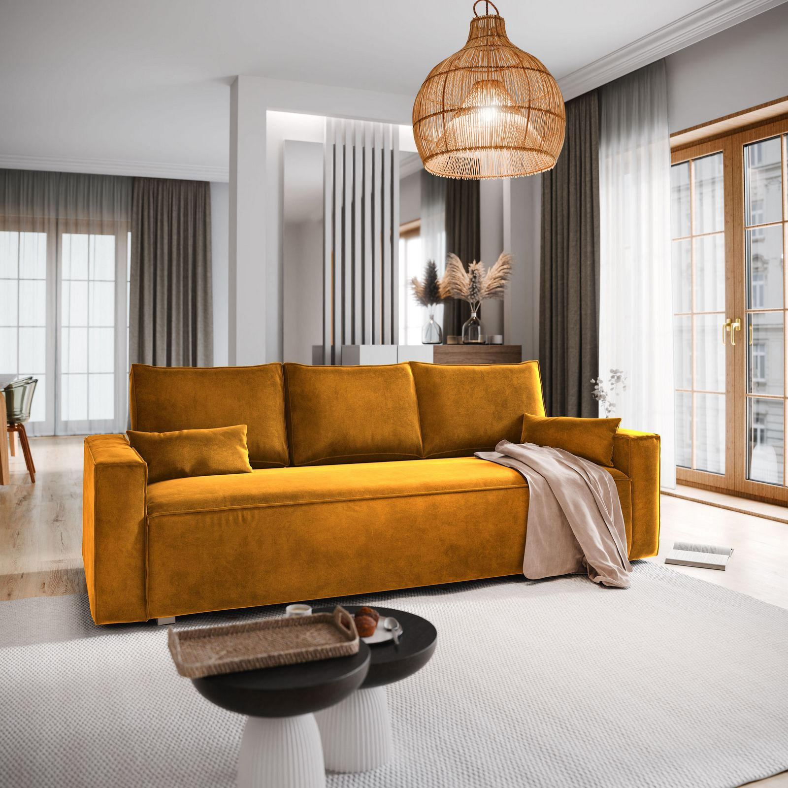 BETTSOFA ALATRI Gelb Velours-Stoff mit Schlaffunktion - Gelb, Textil (230/85/87cm) - MASSENO
