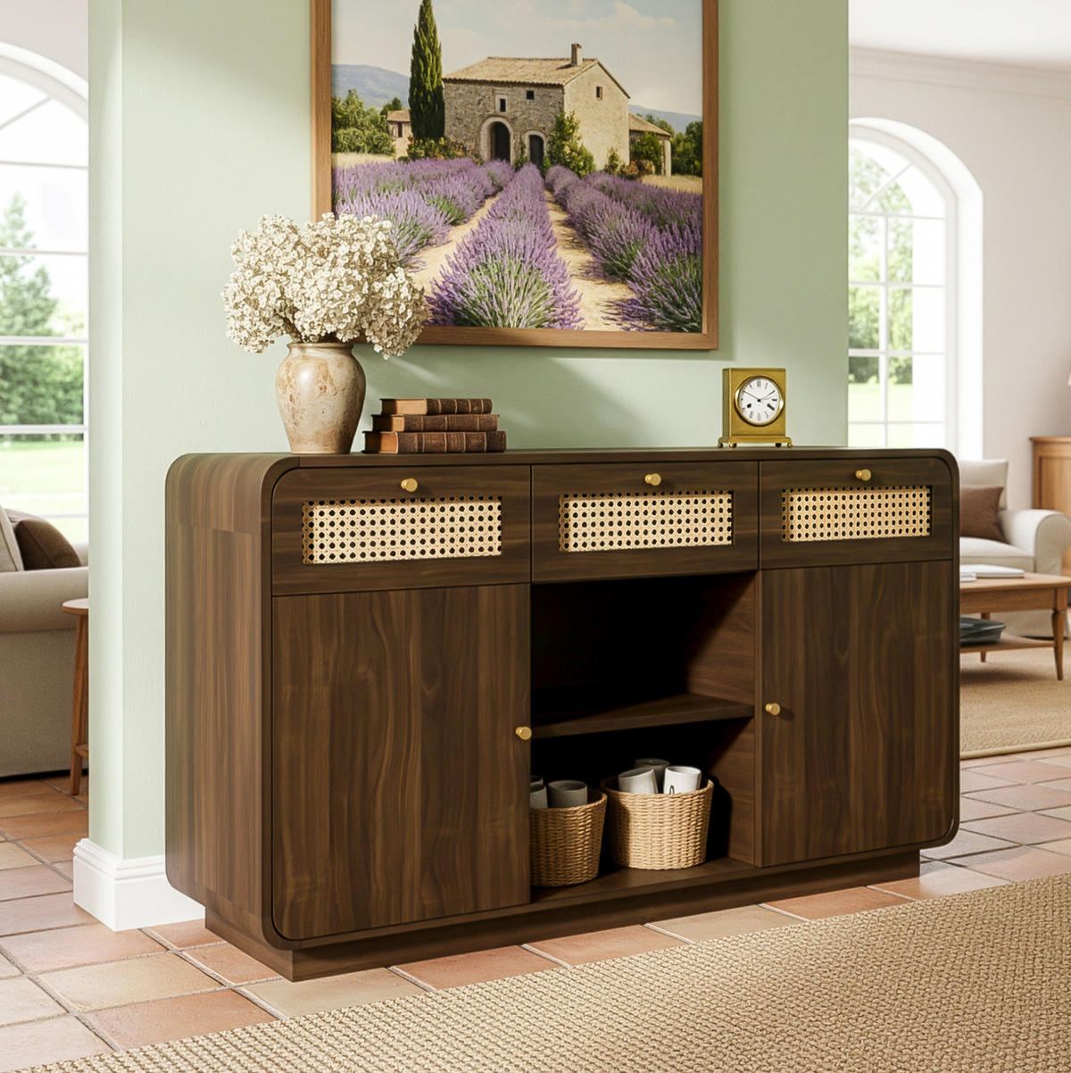 SIDEBOARD Kommode 120/40/85 cm – Rattanfronten, 3 Schubladen, 2 Türen, Nussbaum - Walnussfarben, Holzwerkstoff (120/85/40cm) - Modenvie