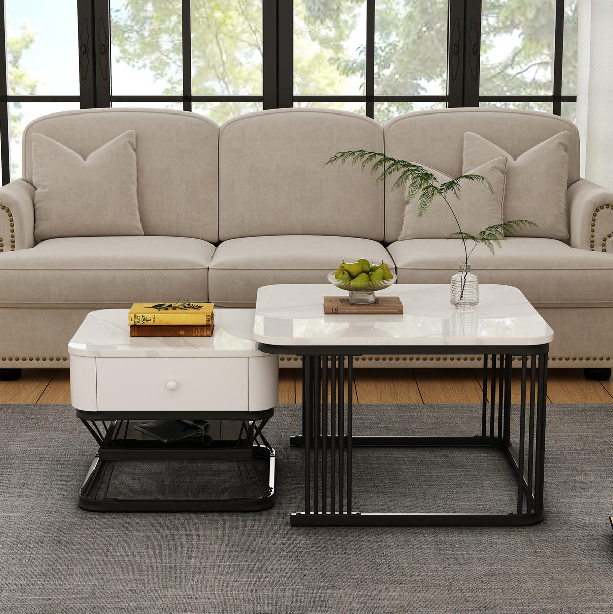 COUCHTISCH-SET 70/70/45 + 50/50/40 cm mit Schublade in Marmoroptik - Weiß, Glas (70/70/45cm) - Flora Grace