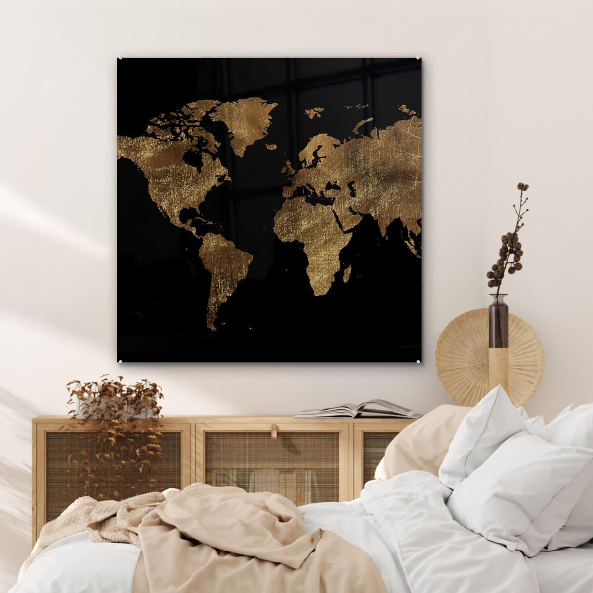 ACRYLGLASBILD Weltkarte - Gold - Luxus - Erde - Schwarz 90x90 cm - Goldfarben, Glas (90/90cm) - MuchoWow