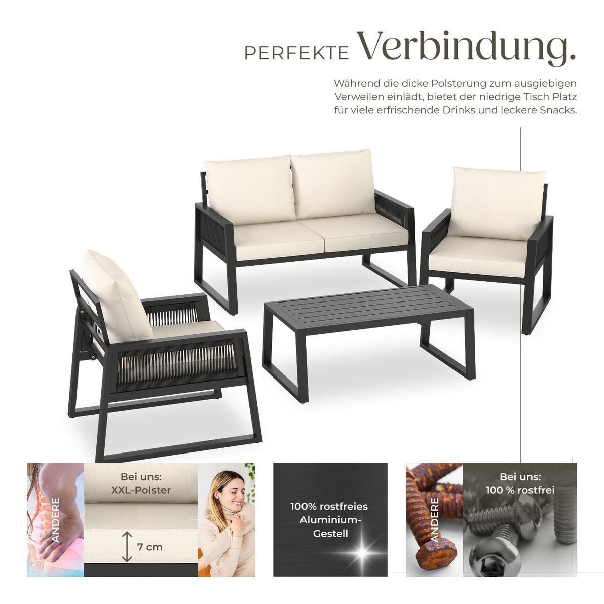 GARTEN-LOUNGE SET Captive,Tisch mit Lamellenmuster,anthrazit - Anthrazit, Kunststoff/Metall - tectake