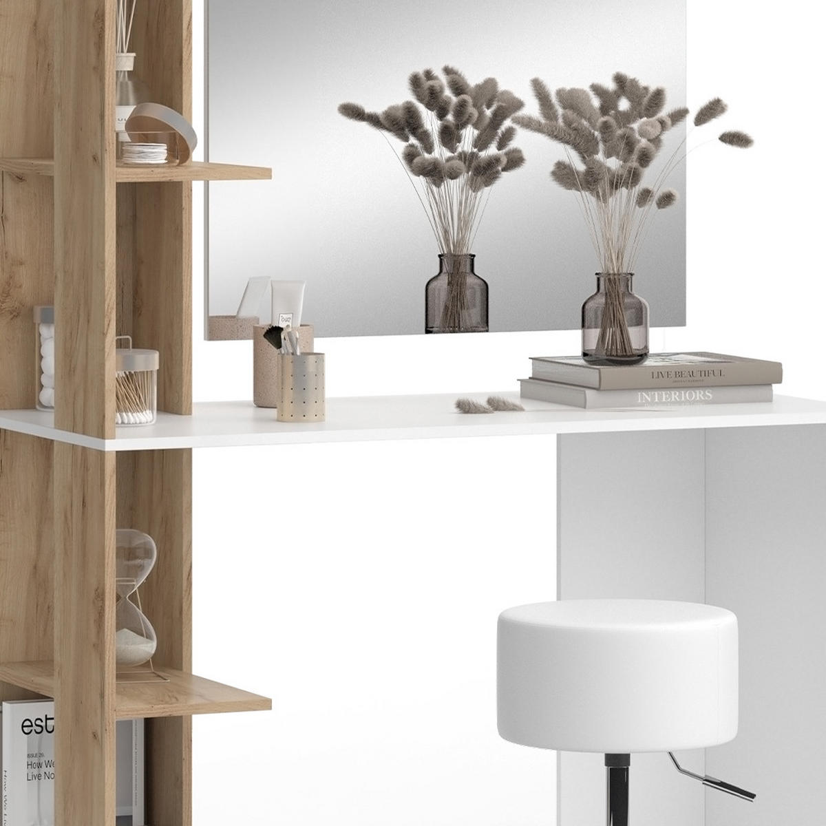 SCHMINKTISCH Tower Weiß/Sonoma 122.2 cm mit Hocker - Weiß/Sonoma Eiche, Holzwerkstoff (122.2/75.8/55.2cm) - Vicco