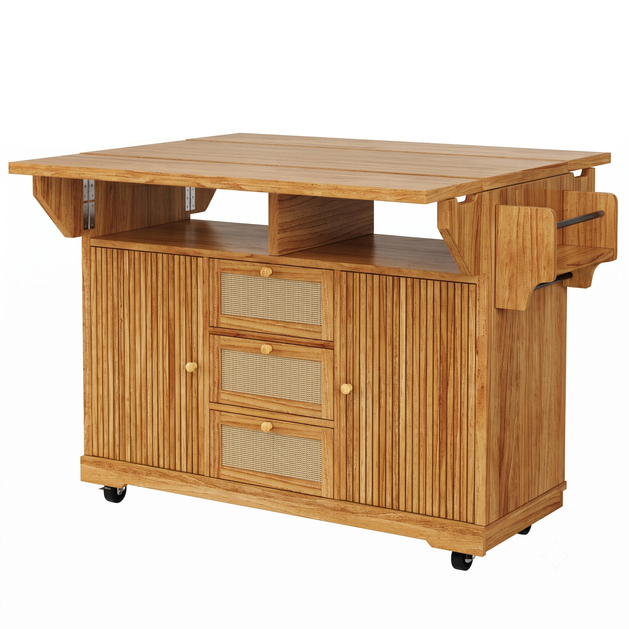 KÜCHENINSEL Dunkelbraun Ausklappbar Mit PE-Rattanschubladen & Rollen - Dunkelbraun, Holzwerkstoff (142.5/95/80cm) - Urban Meuble