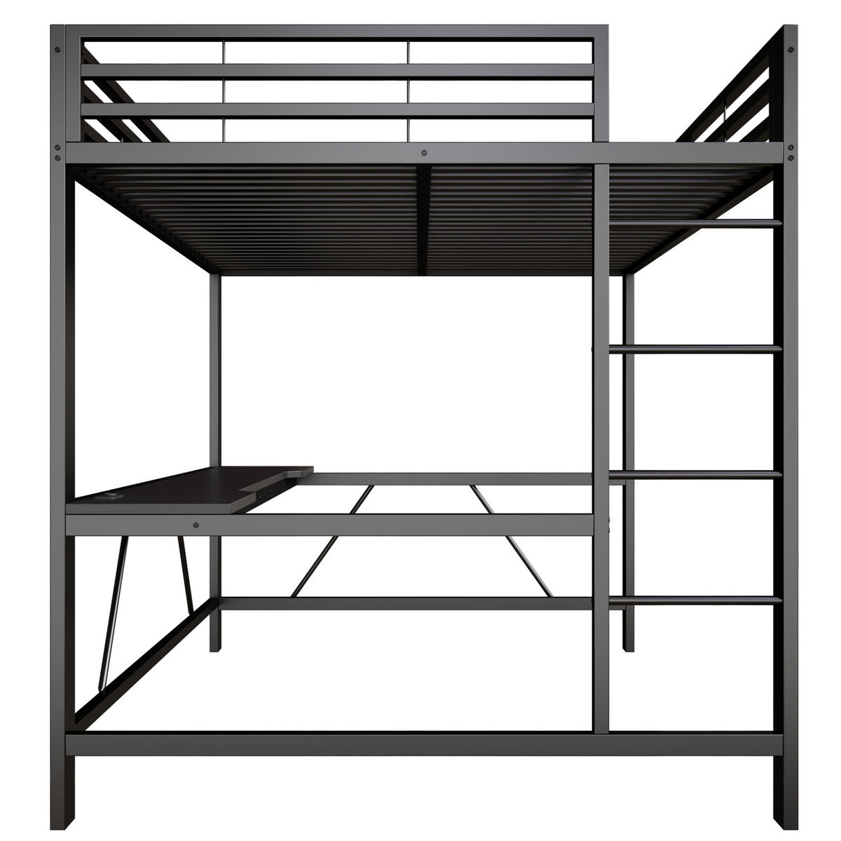 HOCHBETT aus Metall und MDF 160x200 cm Schwarz mit LED-Beleuchtung, Schreibtisch und Schutzgitter - Schwarz, Holzwerkstoff (160/200cm) - Modfu