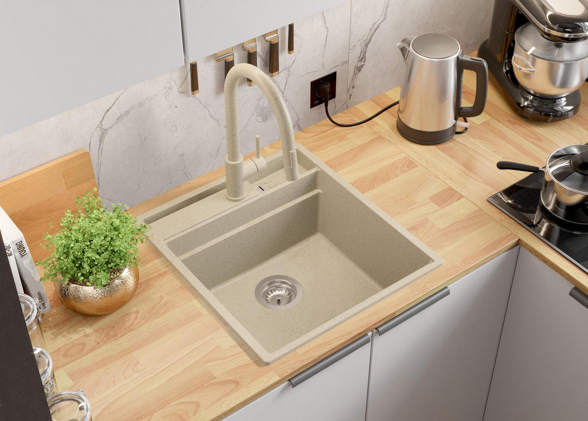 GRANITSPÜLE Oslo Pocket, 2-er set Beige 48/53 cm 1 Becken + Küchenarmatur 40/20 cm + Ablauf-Set + Küchenzubehörset ab 50er Unterschrank - Chromfarben/Beige, Kunststoff (48/20/53cm) - Primagran