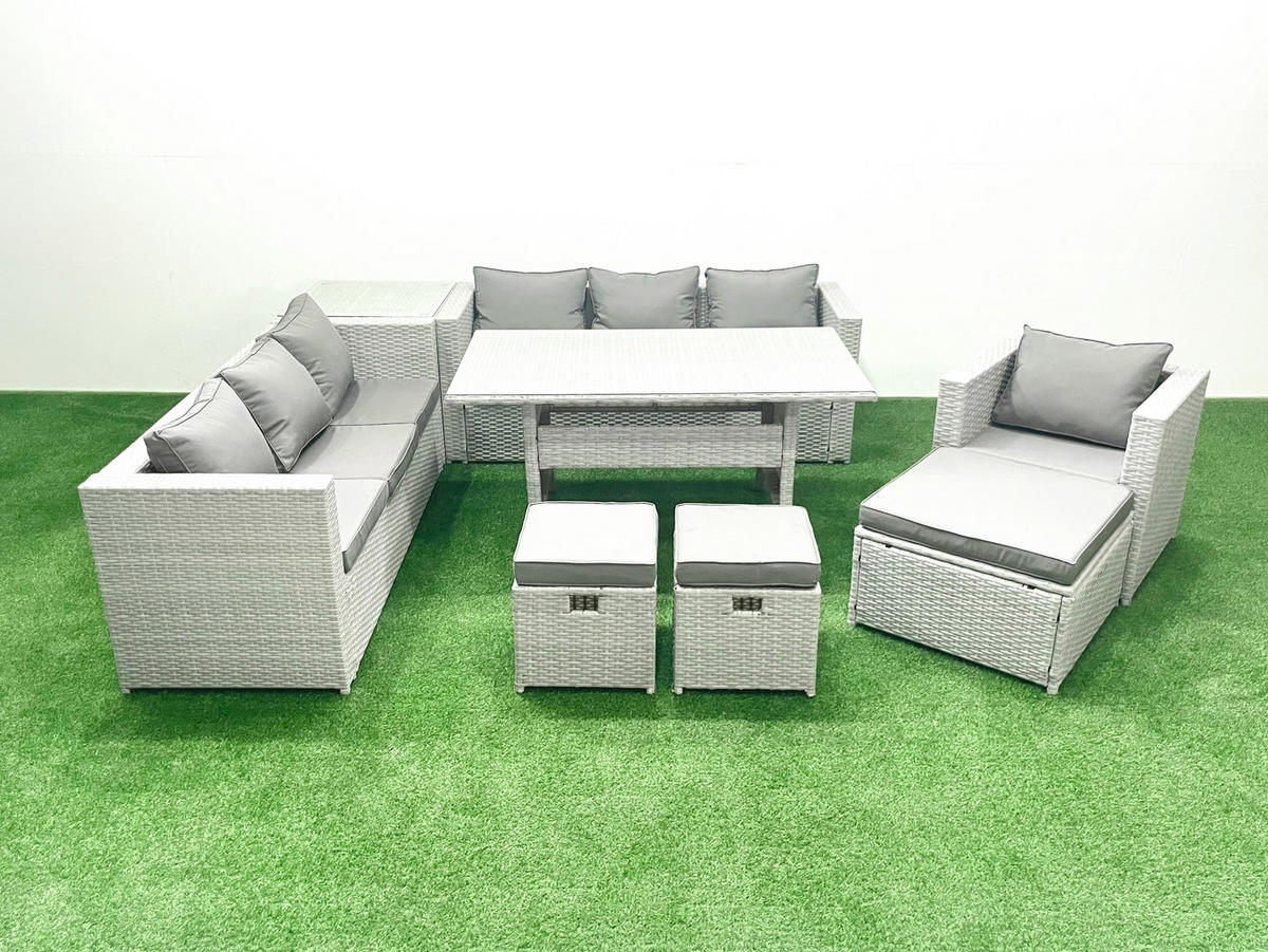 GARTENMÖBEL SET mit 3-Sitzer-Sofa und Sessel, Esstisch,3 Hockern,Beistelltisch Polyrattan Hellgrau 10-Sitzer - Hellgrau/Grau, Glas/Kunststoff - Fimous