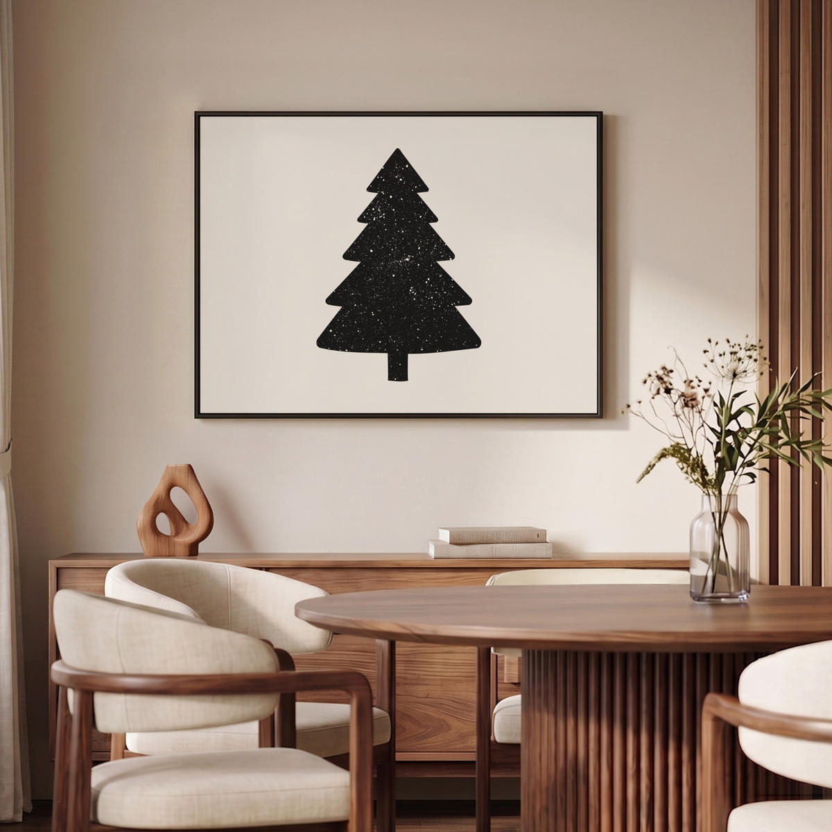 LEINWAND Bilder mit Rahmen - Weihnachtsbaum - Schwarz - Urlaub - Beige - 100x70 - Schwarz, Textil (100/70cm) - MuchoWow