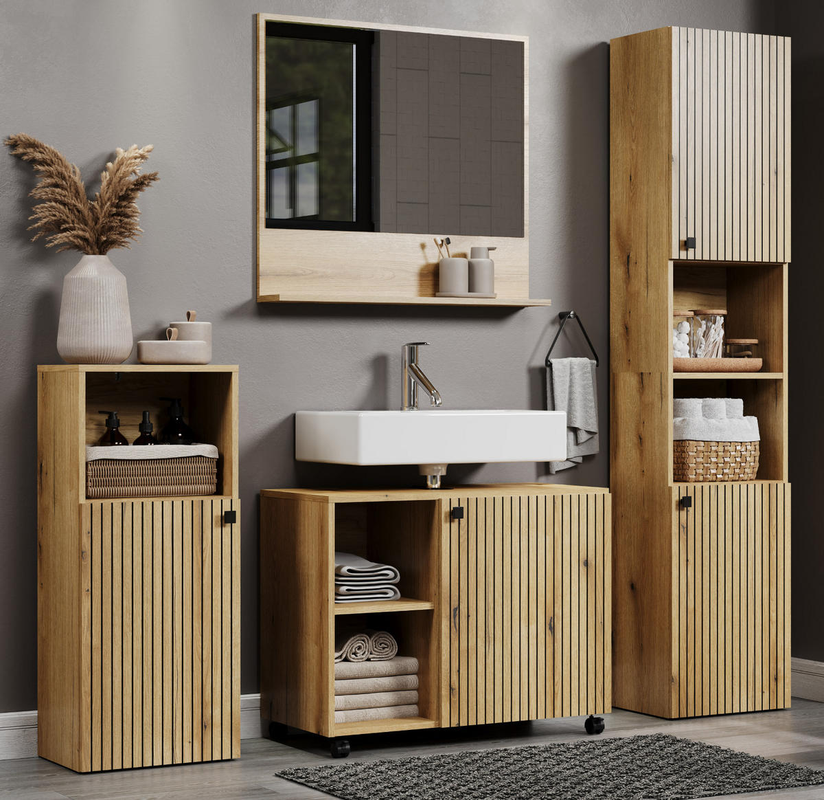 BADMÖBEL-SET Evoke Eiche 4-teilig 180 x 190 cm, Badkombination mit viel Stauraum - Eichefarben/Schwarz, Glas/Holzwerkstoff (40/190/180cm) - Top.Furn
