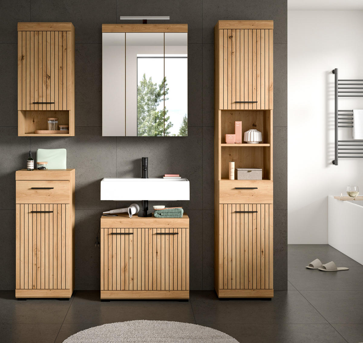 WASCHBECKENUNTERSCHRANK Eiche Artisan 60 cm, Badezimmer Unterschrank 2-türig - Schwarz/Eiche Artisan, Holzwerkstoff/Kunststoff (60/56/34cm) - Inn.Furn