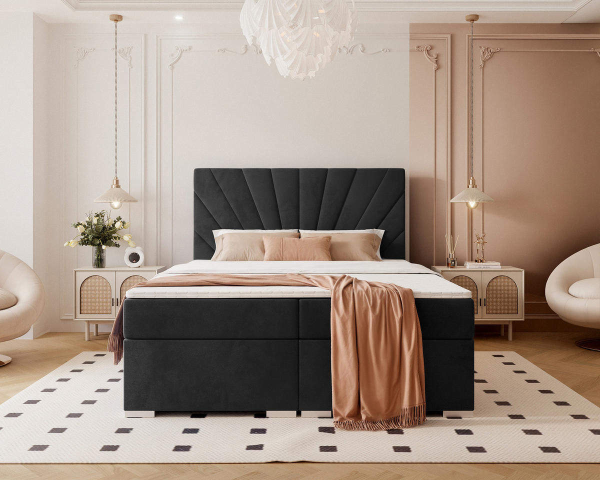 BOXBETT OASIS 140/200 cm mit Matratze und Topper, Schwarz - Chromfarben/Schwarz, Textil/Metall (140/200cm) - Idohome
